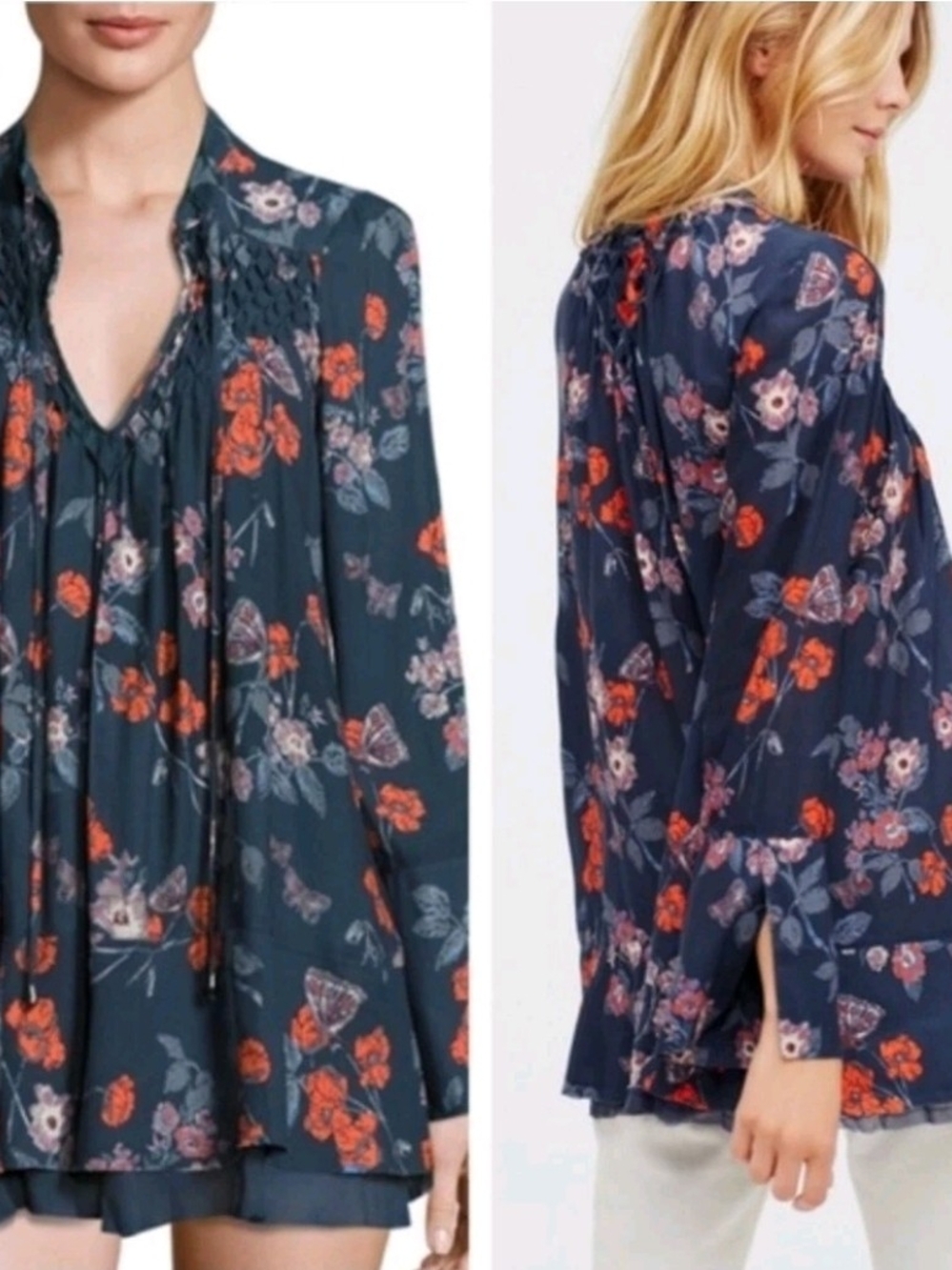 Free People  Floral Blouse/ Tunic with Coral and Blush Accents